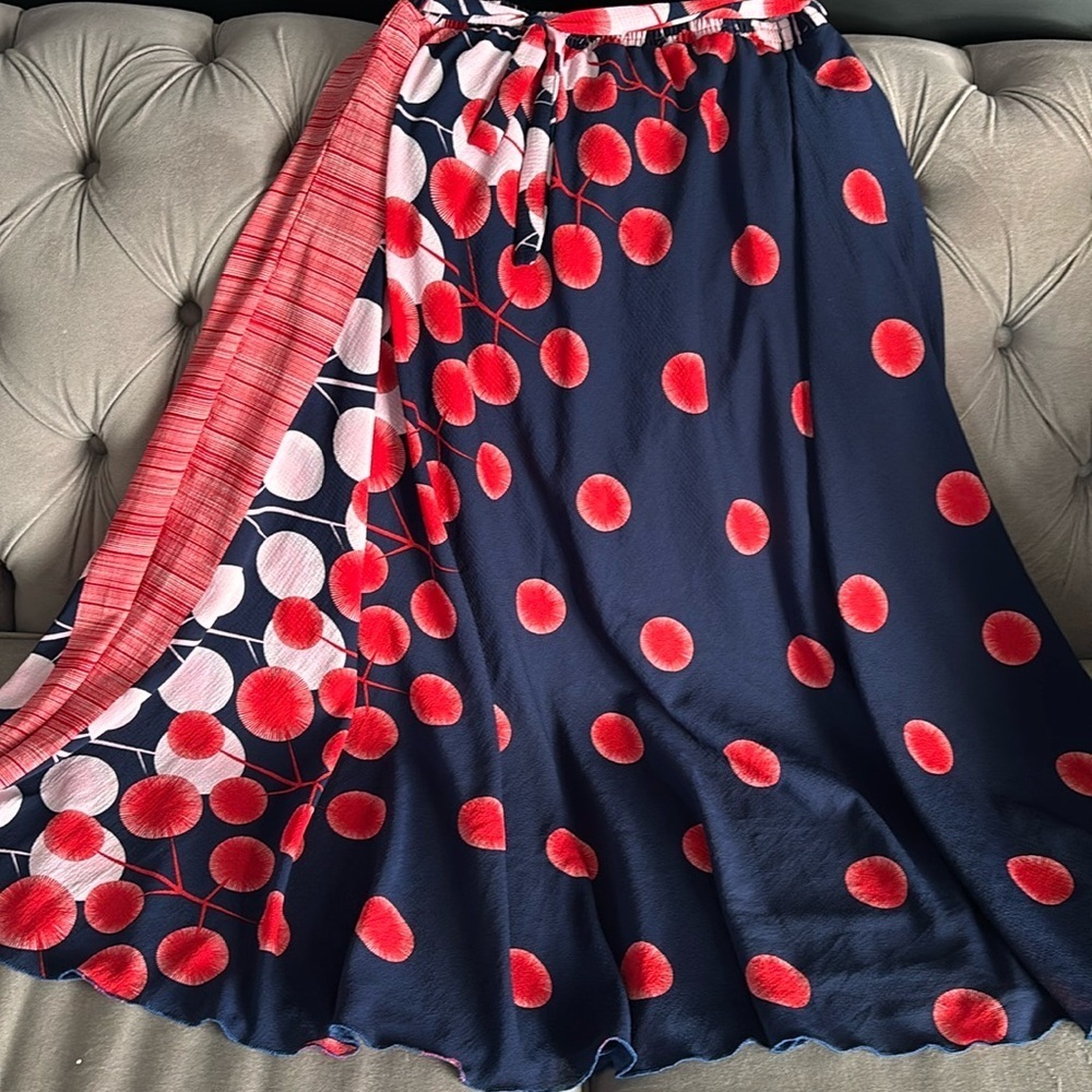 Beautiful wide circle long colourful skirt with red blue and white